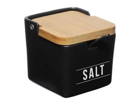 Saleiro Manhattan Em Porcelana Com Colher Tampa Em Bambu Salt Preto Ou Branco Mesa Posta Servir Sal