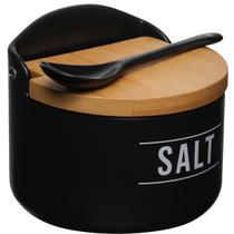 Saleiro Porcelana 290ml com Tampa Bambu Colher Mesa Decoração Moderna Elegante Utensílio Cozinha Tempero Material Resistente