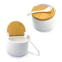 Saleiro Porcelana Ceramica Tampa Bambu Porta Tempero Cozinha Saleiro Porcelana Ceramica Tampa Bambu Porta Tempero Cozinha