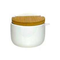 Saleiro Porcelana Premium Mesa Tampa Bambu C/Colher 300ml