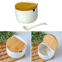 Saleiro Porcelana Premium Mesa Tampa Bambu C/Colher 300ml