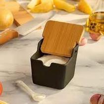 Saleiro Preto Tampa Vasilha Conserva Bambu Colher Madeira Cozinha Alimentos Elegante Coloca Pote