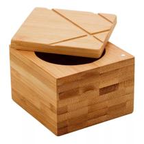Saleiro Quadrado Porta Sal Em Bambu Com Tampa 9x9x7cm
