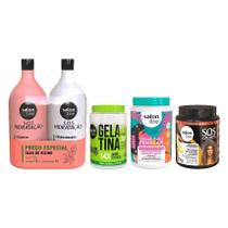 SALON LINE Kit Shampoo e Condicionador Rícino + Gelatina e Creme para Pentear + Ativador de Cachos