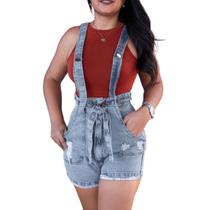 Salopete Jeans feminino shorts com suspensorio cintura alta