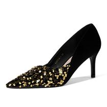Saltos GOSERCE Gold Sequin para mulheres, camurça preta, 7 cm, estilete Saltos GOSERCE Gold Sequin para mulheres, camurça preta, 7 cm, estilete