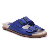 Sandalia Amélia: Elegância em Azul Royal com Detalhes Brancos e Sola Redonda Marrom
