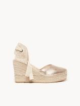 Sandália Anabela Alta Romero Camurça Dourado Metalizado Sandália Anabela Alta Romero Camurça Dourado Metalizado