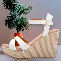 Sandália Anabela Branca Plataforma Feminina Tamanco 10cm Cabedal Trançado Palmilha Conforte Luxuosa