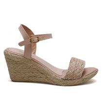 Sandália Anabela em Couro Feminino Fivela Detalhe Trança Sola Corda Confortável