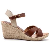 Sandália Anabela em Couro Feminino Tirar Fivela Sola Corda Natural Confortável Sandália Anabela em Couro Feminino Tirar Fivela Sola Corda Natural Confortável