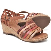 Sandália Anabela Feminina em Couro Conforto com Fivela Percurso Calçados Telha Colorido