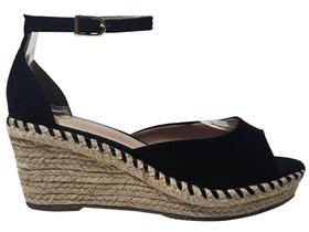 Sandália Anabela Suede Preto Aberta Salto 7cm