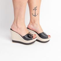 Sandália Anabela Tamanco Salto Confortável Com Fivela