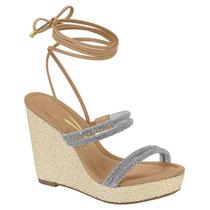 Sandália Anabela Vizzano Tiras Strass Amarração - Bege Sandália Anabela Vizzano Tiras Strass Amarração - Bege