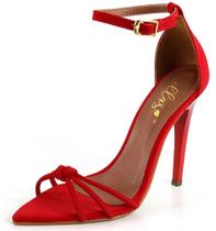 Sandália Bico Folha Salto Alto Nobuck Vermelho Ella's