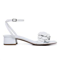 Sandália Bico Quadrado LeRUCHEL Flor Salto Baixo Branco