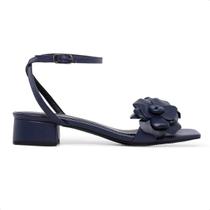 Sandália Bico Quadrado LeRUCHEL Flor Salto Baixo Marinho