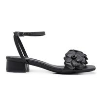 Sandália Bico Quadrado LeRUCHEL Flor Salto Baixo Preto