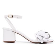 Sandália Bico Quadrado LeRUCHEL Flor Salto Grosso Branca Fem