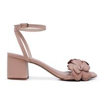 Sandália Bico Quadrado LeRUCHEL Flor Salto Grosso Nude Femin