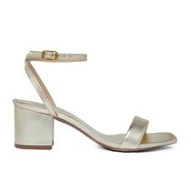 Sandália Bico Quadrado LeRUCHEL Flor Salto Grosso Ouro Femin