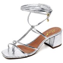 Sandália Bico Quadrado Salto Bloco Médio Cristal Prata Ella's