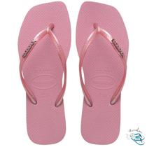 Sandalia Chinelo Havaianas Slim Square Logo Metallic Feminina Bico Quadrado Adulto Original Cor:Rosa ChiffonTamanho:35/