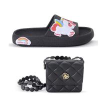 Sandália Chinelo Infantil Unicornio Slide Nuvem Menina + Bolsinha