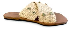 Sandália Chinelo Rasteirinha Rasteira Natural Palha Brilho Strass Tiras Cruzadas Corda Moda Maresia