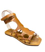 Sandália de couro Rasteira caramelo tiras autocolantes