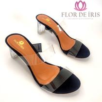 Sandália de salto transparente flor de Íris