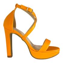 Sandalia de tira laranja com tornozeleira cruzada salto grosso lasenna ref:74.324l