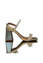 Sandália Dourada metalizado Ouro Light com Strass Salto Bloco 8 cm Tamanhos:34