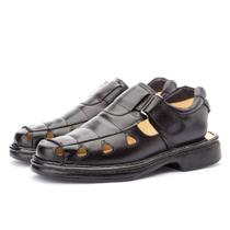 Sandalia Em Couro Masculina Calce Facil Tira Autocolante Ortopedica Conforto Forrada Macia Anatomica