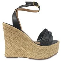 Sandália Feminina Anabela Preto Frente Nó Duplo Com Fivela