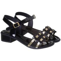 Sandália Feminina Confortável Saltinho Baixo Tiras Douradas