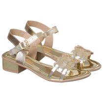 Sandália Feminina Confortável Saltinho Baixo Tiras Douradas