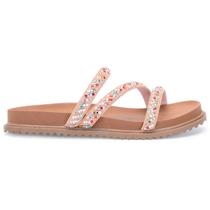 Sandália Feminina De Couro Com Tiras Detalhes Em Strass