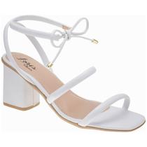 Sandália Feminina de Tiras Branca Fashion Lacinho Salto Bloco Quadrado Confortável 9810