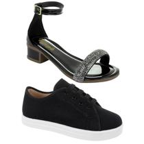 Sandalia Feminina Infantil Salto + Tenis Feminino Basico Kit com 2 pares Preto Branco Dourado Klicpé