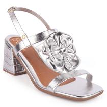 Sandália Feminina Metalizada Com Salto Bloco Médio e Detalhe de Flor Super Confortável Para Eventos e Festas