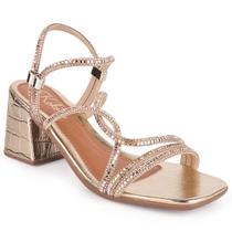 Sandália Feminina Metalizada Com Tiras de Strass, Abs Ajustável e Salto Bloco Médio Ideal para Eventos e Festas
