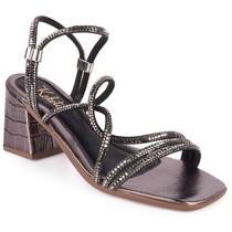 Sandália Feminina Metalizada Com Tiras de Strass, Abs Ajustável e Salto Bloco Médio Ideal para Eventos e Festas