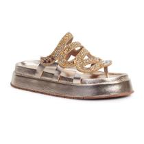 Sandália Feminina Papete Flatform Metalizada Strass Pedraria