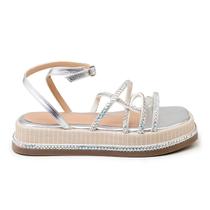 Sandália Feminina Papete Flatform Strass Prata 23412