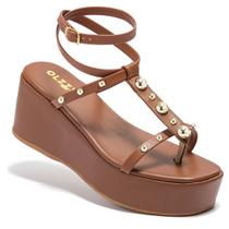 Sandália Feminina Plataforma Anabela Tiras Delicada e Detalhes Metalizado Leve Original Olzzy