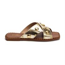 Sandália Feminina Rasteira Chinelo Slide Preto Dourado Rasteira Tira Cruzada