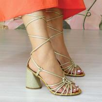 Sandália Feminina Salto Alto Bloco com Glitter Summer Tiras Amarração