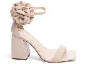 Sandália Feminina Salto Alto Bloco Grosso Bico Quadrado Flor 9cm Bege Torricella